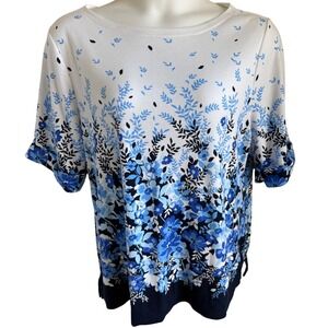 Coastal Preppy Blue Floral Top Plus Size 2X Summer Resort Casual Classic Style